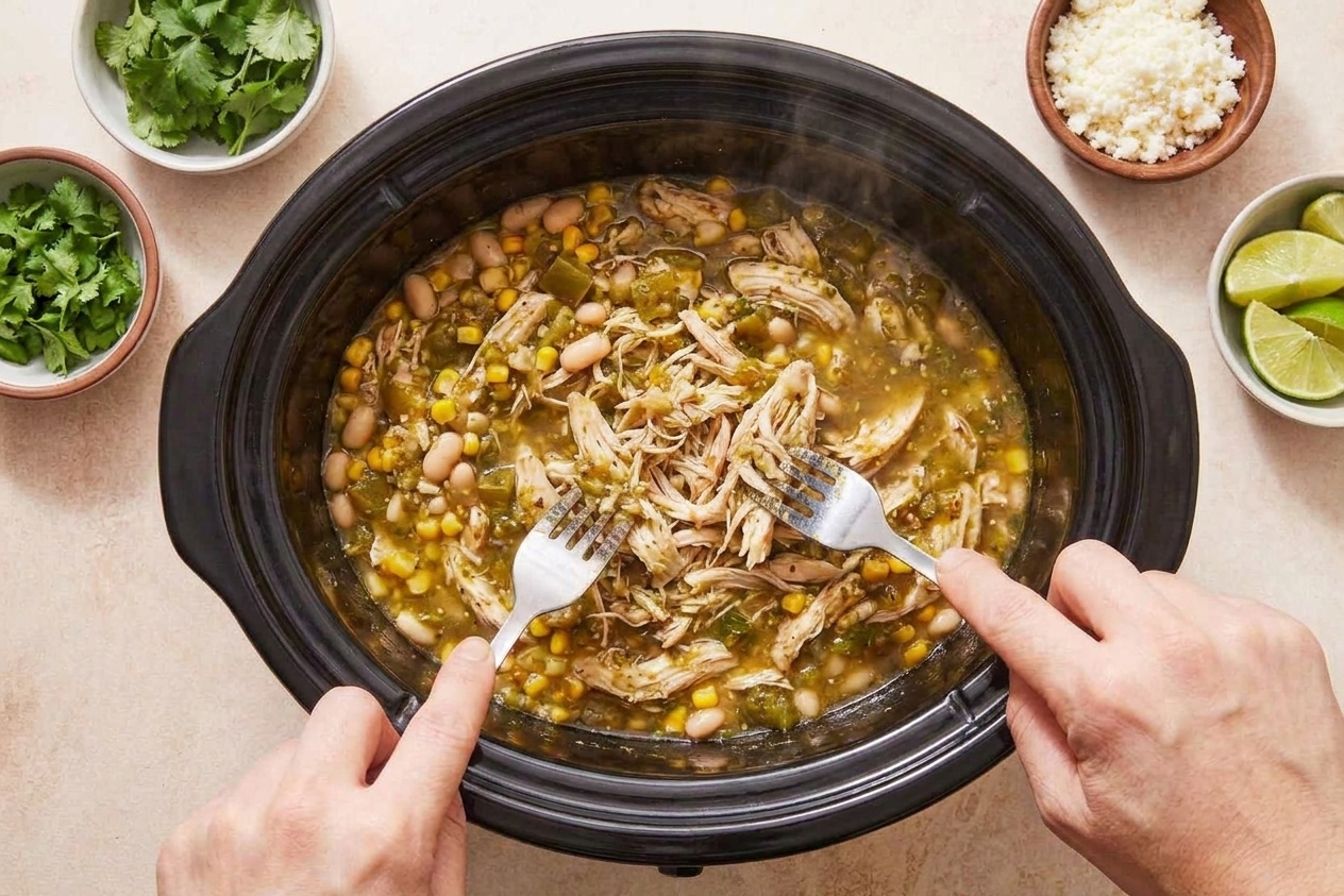 Shredded salsa verde chicken in a slow cooker, ready for tacos