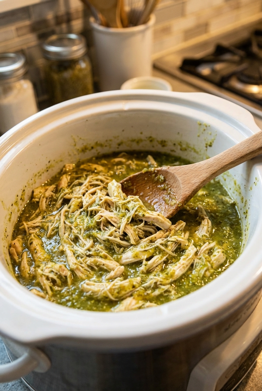 Shredded salsa verde chicken in a slow cooker with a wooden spoon
