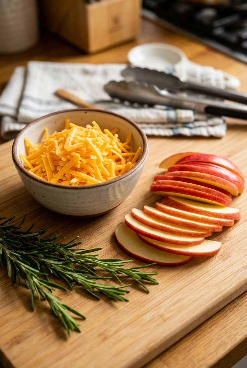 Shredded sharp cheddar in a bowl next to sliced apples and rosemary
