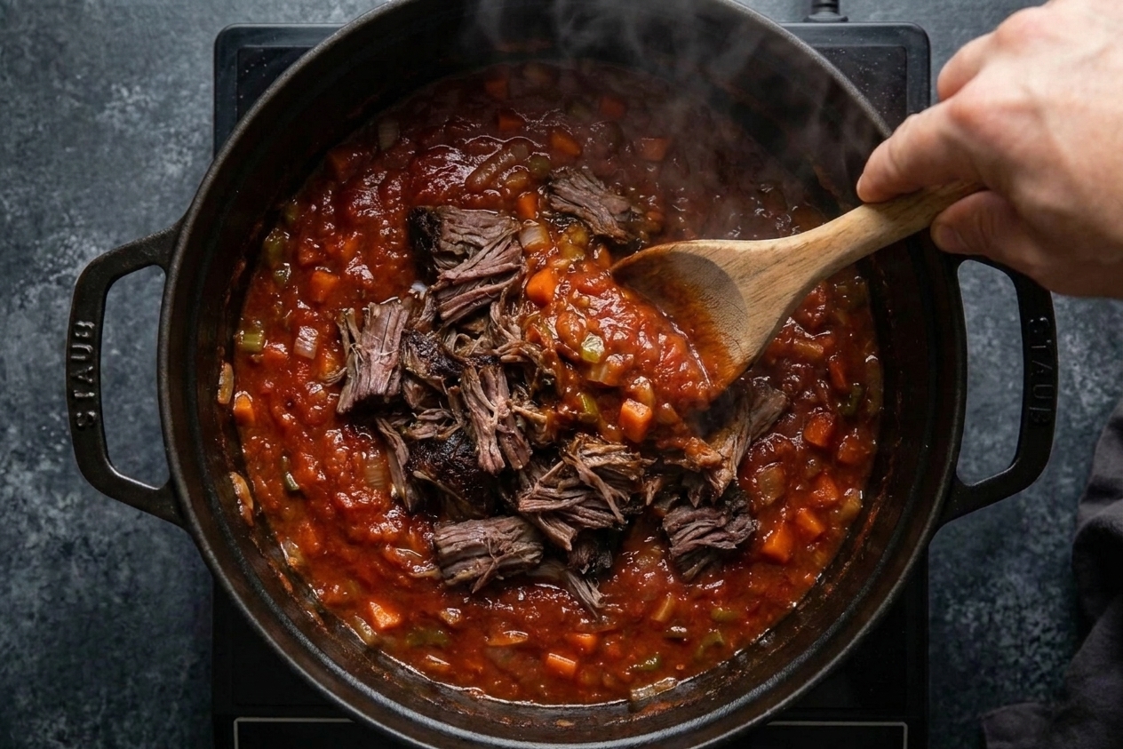 Shredded short rib meat being stirred into a thick tomato sauce in a Dutch oven on the stove