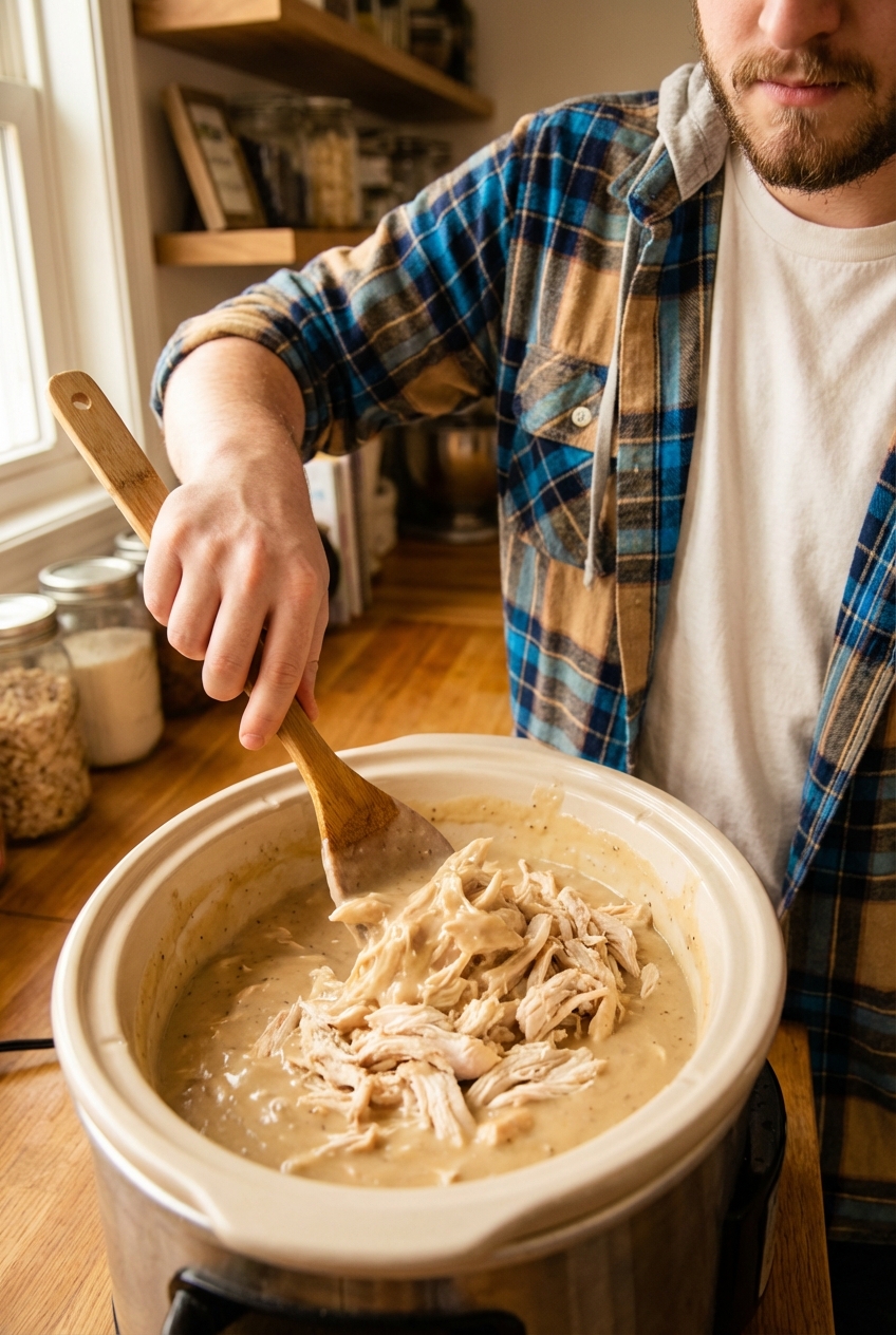 Shredded slow cooker chicken breast being stirred into creamy gravy in the crockpot