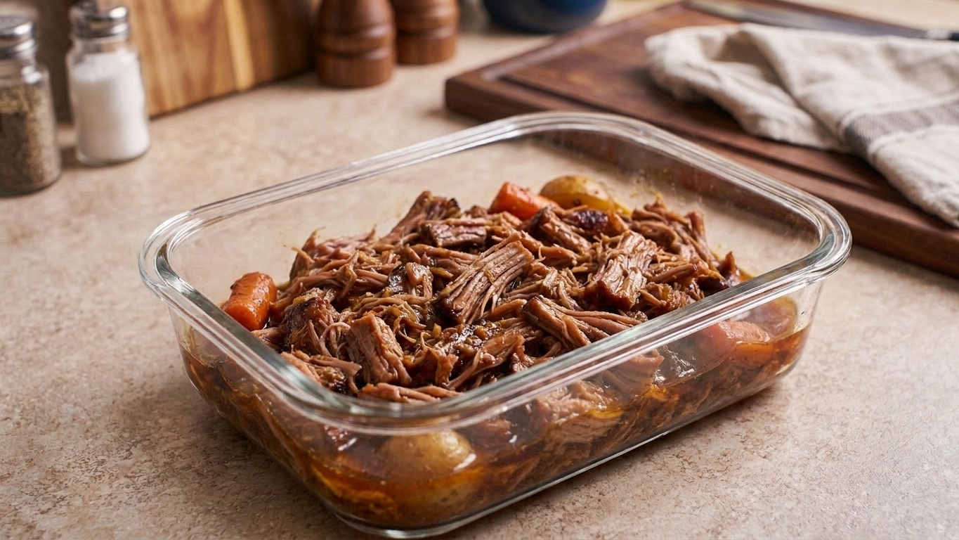 Shredded slow cooker pork in a glass meal prep container with a little cooking liquid pooled at the bottom on a kitchen counter