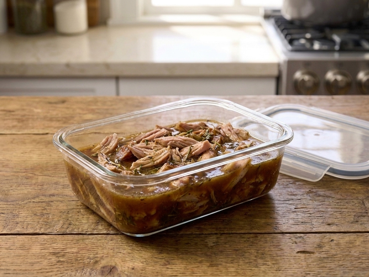 Shredded turkey leg meat stored in a glass container with pan gravy, sitting on a kitchen counter next to a lid