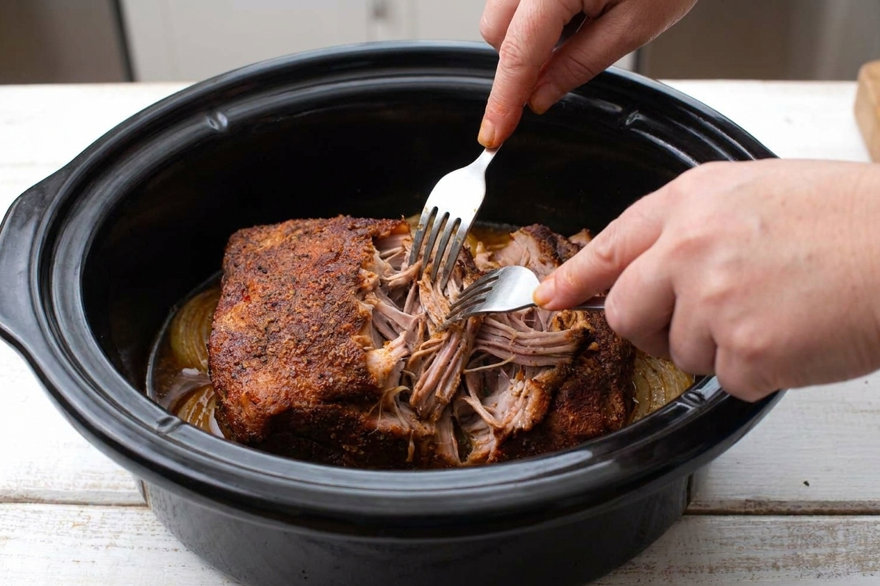 Shredding tender pork shoulder with two forks inside a slow cooker insert on a kitchen counter
