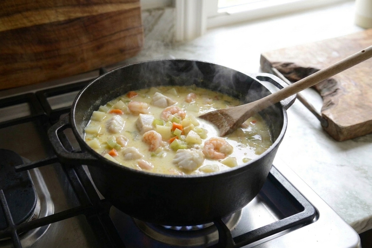 Shrimp and chunks of white fish cooking gently in creamy chowder in a pot