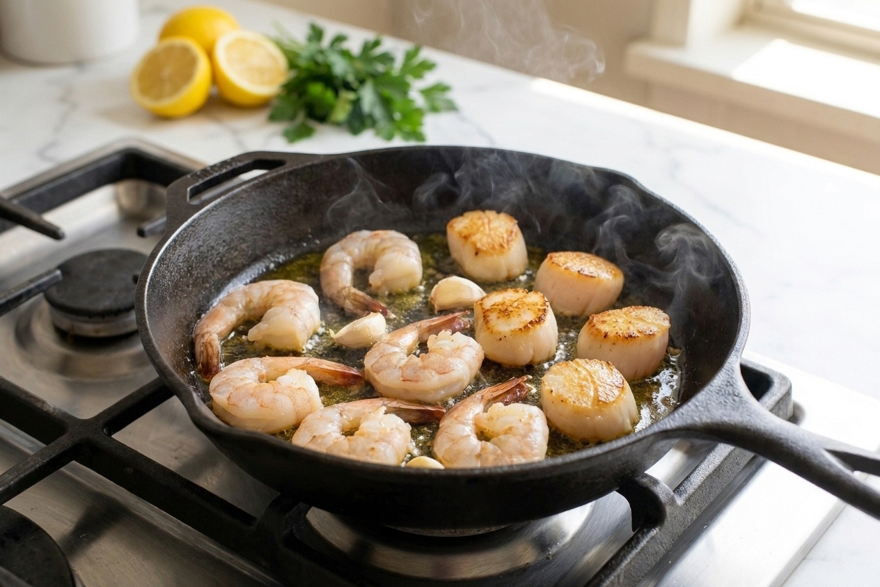 Shrimp and scallops searing in a hot skillet with lightly browned edges and a small amount of oil