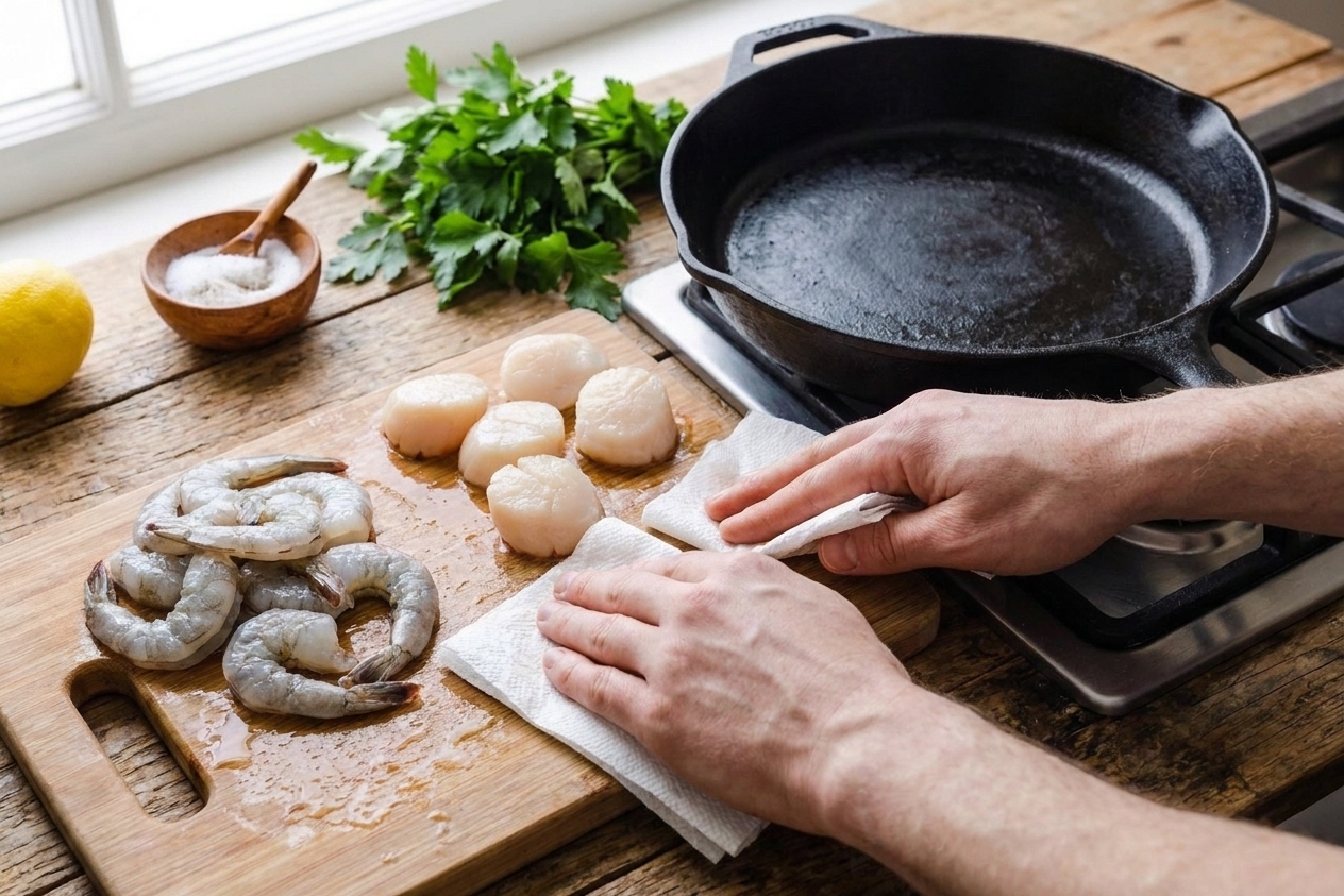 Shrimp and sea scallops being patted dry with paper towels on a cutting board next to a skillet