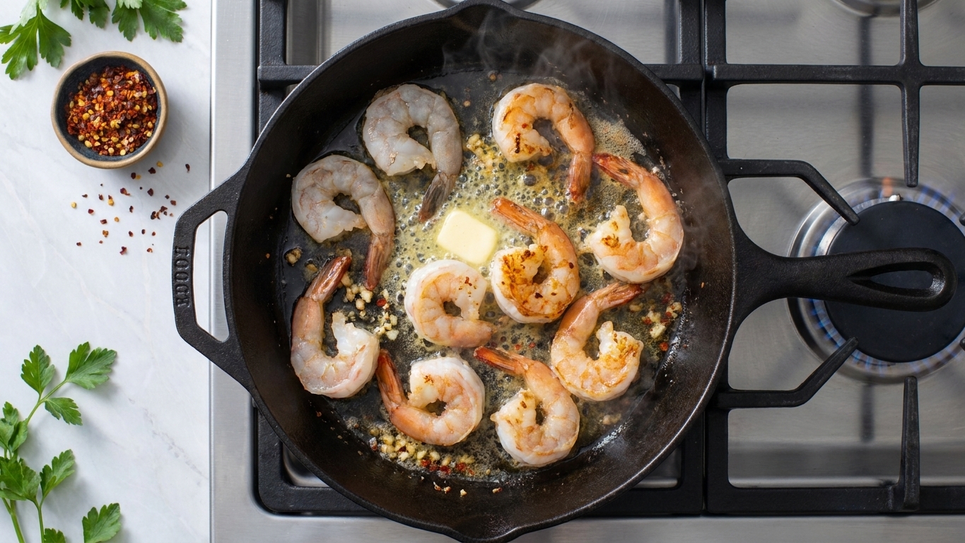 Shrimp browning in a hot skillet with sizzling butter and oil on a stovetop, captured mid-cook