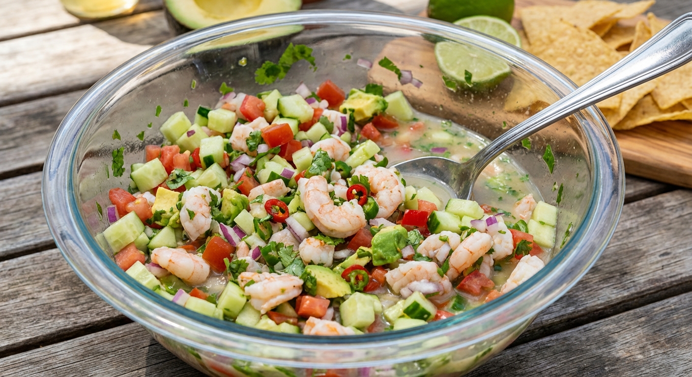 Shrimp ceviche being stirred in a glass bowl with a spoon, showing diced cucumber, tomatoes, red onion, and cilantro