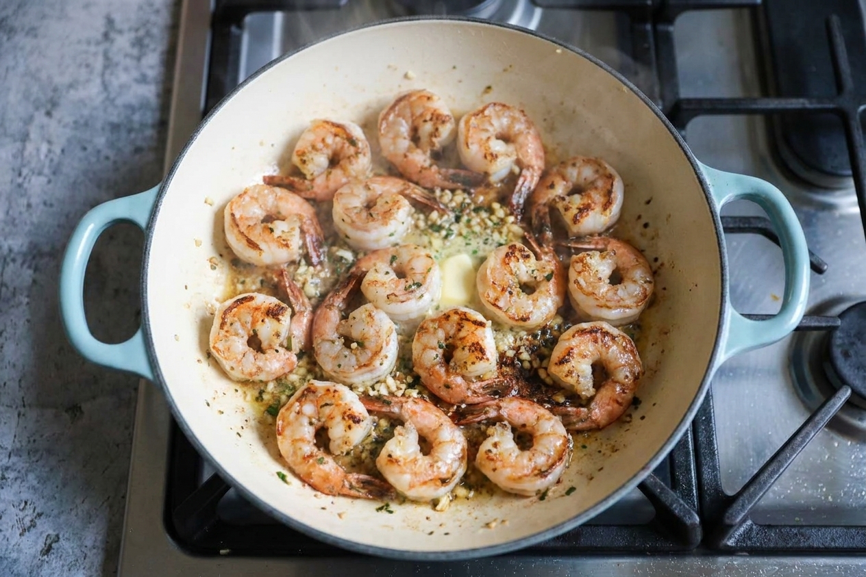 Shrimp cooking in a hot skillet with browned edges forming, shown mid-sear on a stovetop