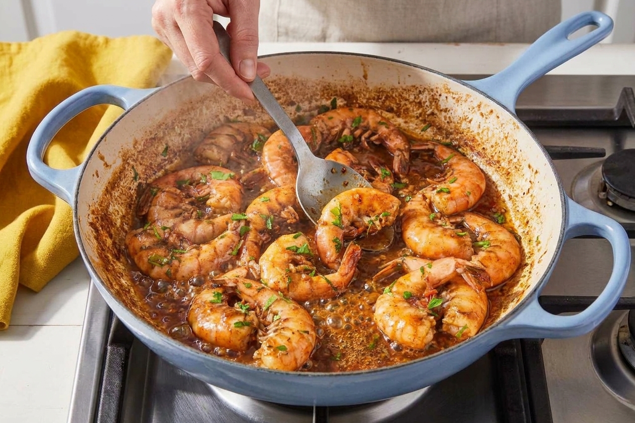 Shrimp cooking in a single layer in a skillet with a glossy BBQ butter sauce bubbling around them