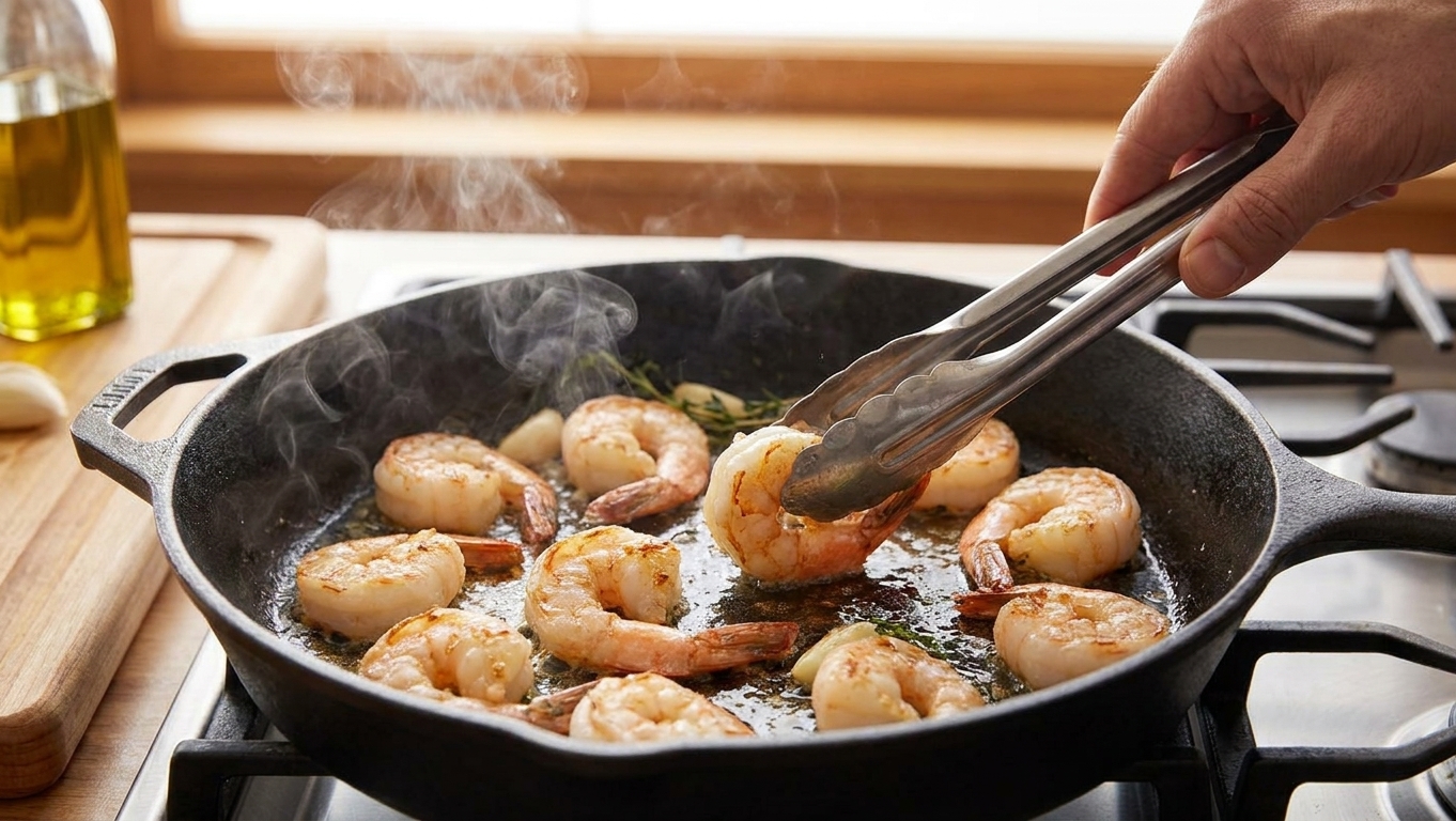 Shrimp cooking in a skillet with light browning on the edges