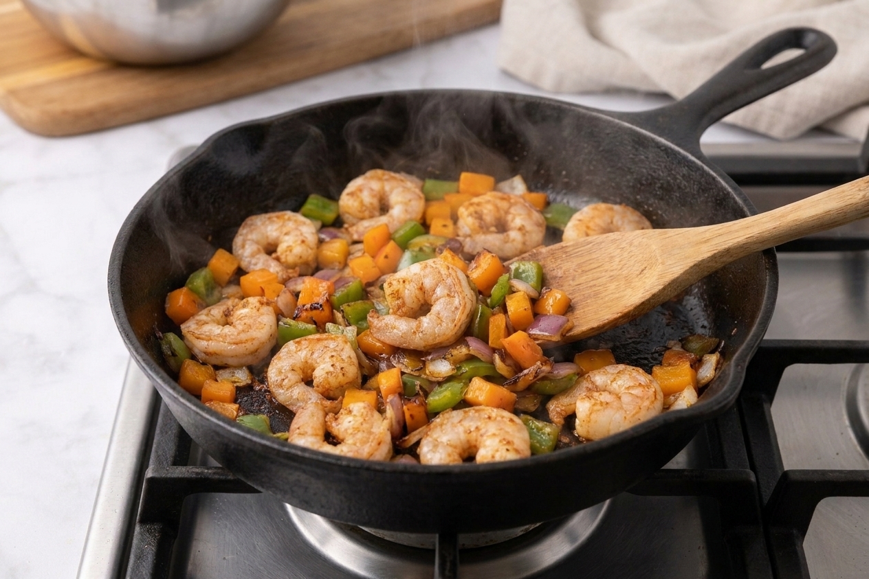 Shrimp cooking in a skillet with sliced bell peppers and onions, lightly browned, with steam rising under warm kitchen lighting
