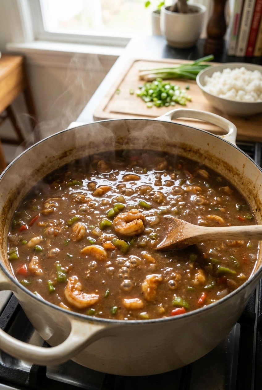 Shrimp etouffee simmering in a pot with a rich brown sauce