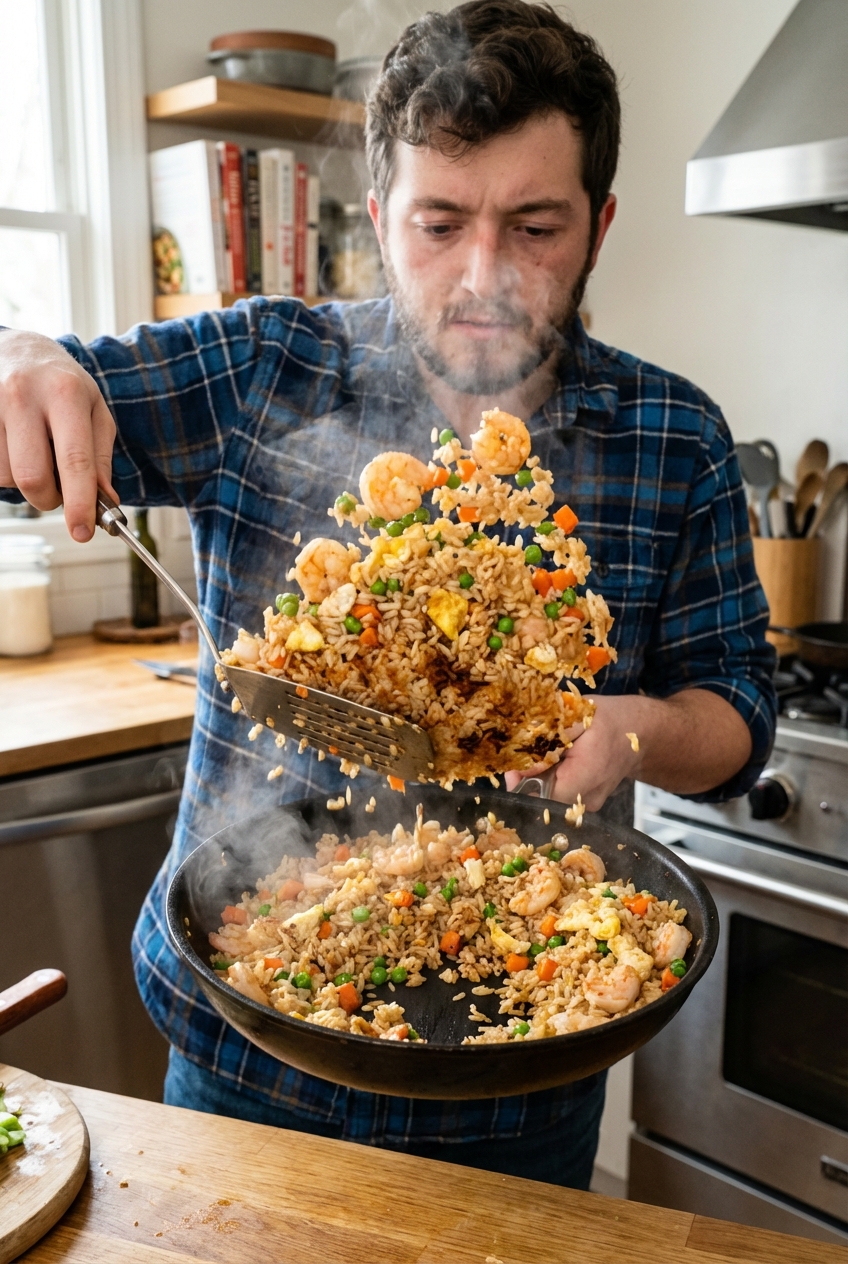 Shrimp fried rice being tossed in a hot skillet with a spatula, with visible steam and browned rice grains