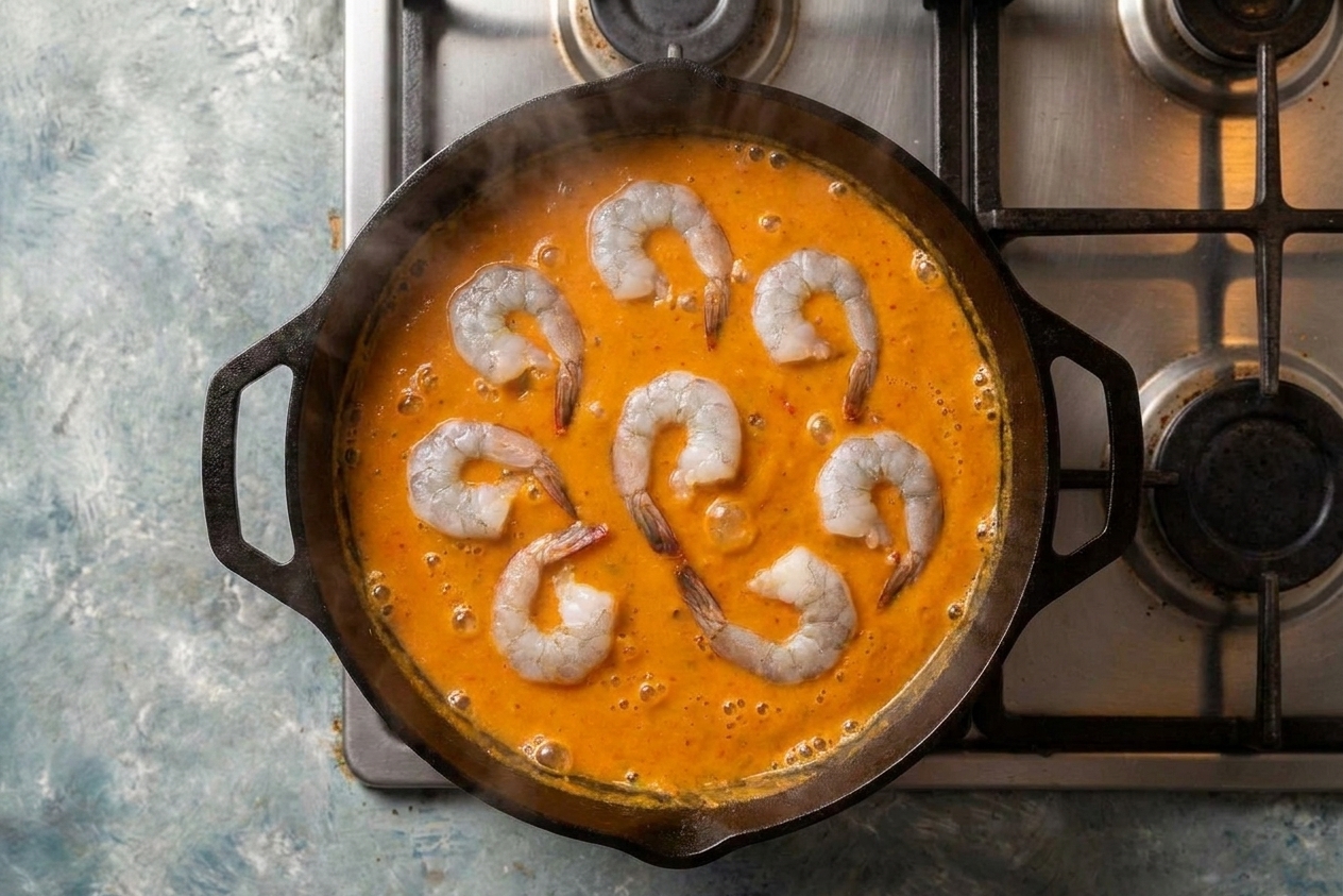 Shrimp gently poaching in a pot of creamy orange bisque on the stovetop, with small bubbles around the edges