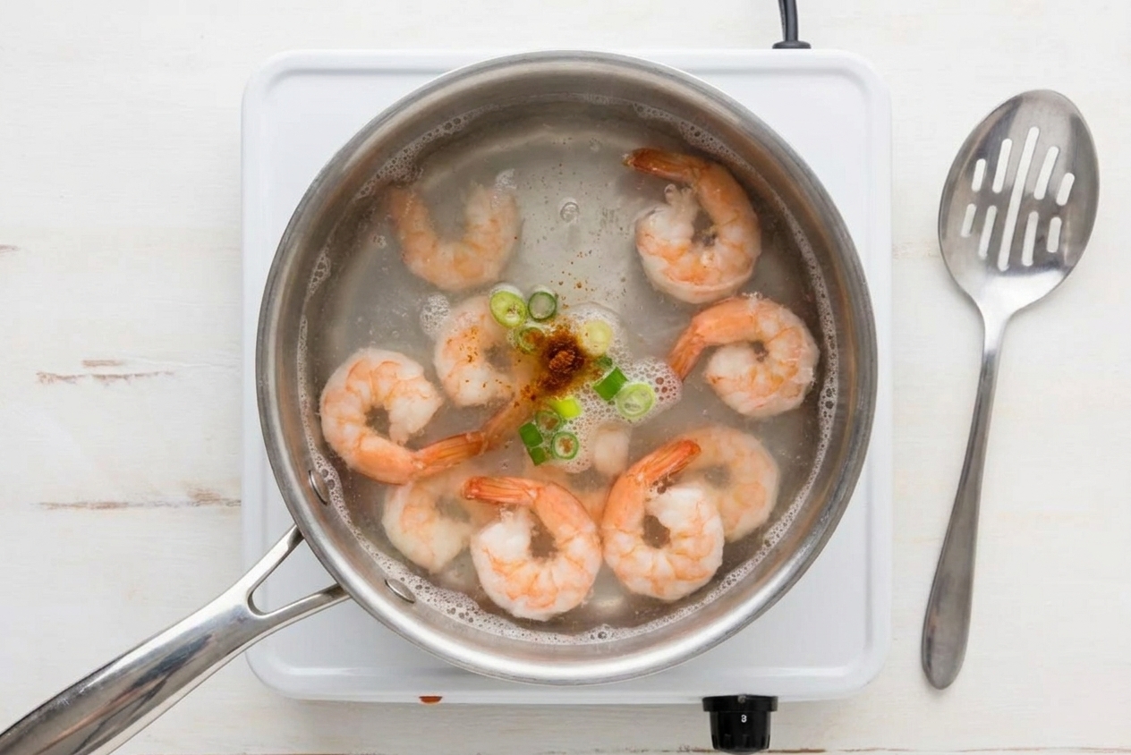 Shrimp gently simmering in a pot of water on a stovetop with a slotted spoon nearby