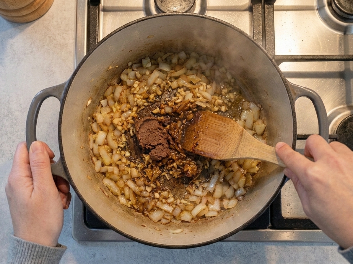 Shrimp paste being stirred into sautéed aromatics in a cooking pot, creating a dark, fragrant base