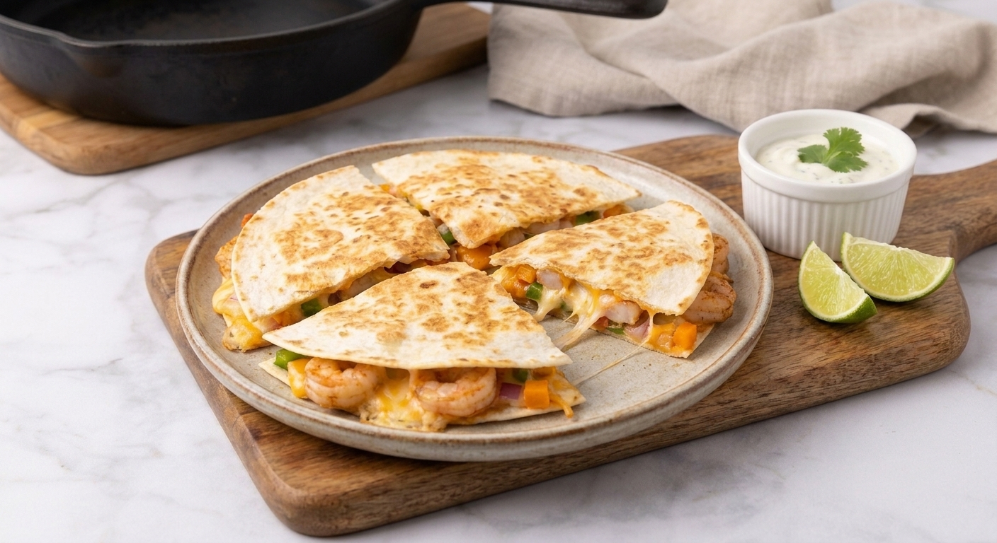 Shrimp quesadilla cut into four wedges on a ceramic plate with a small bowl of lime crema and lime wedges on a simple table setting
