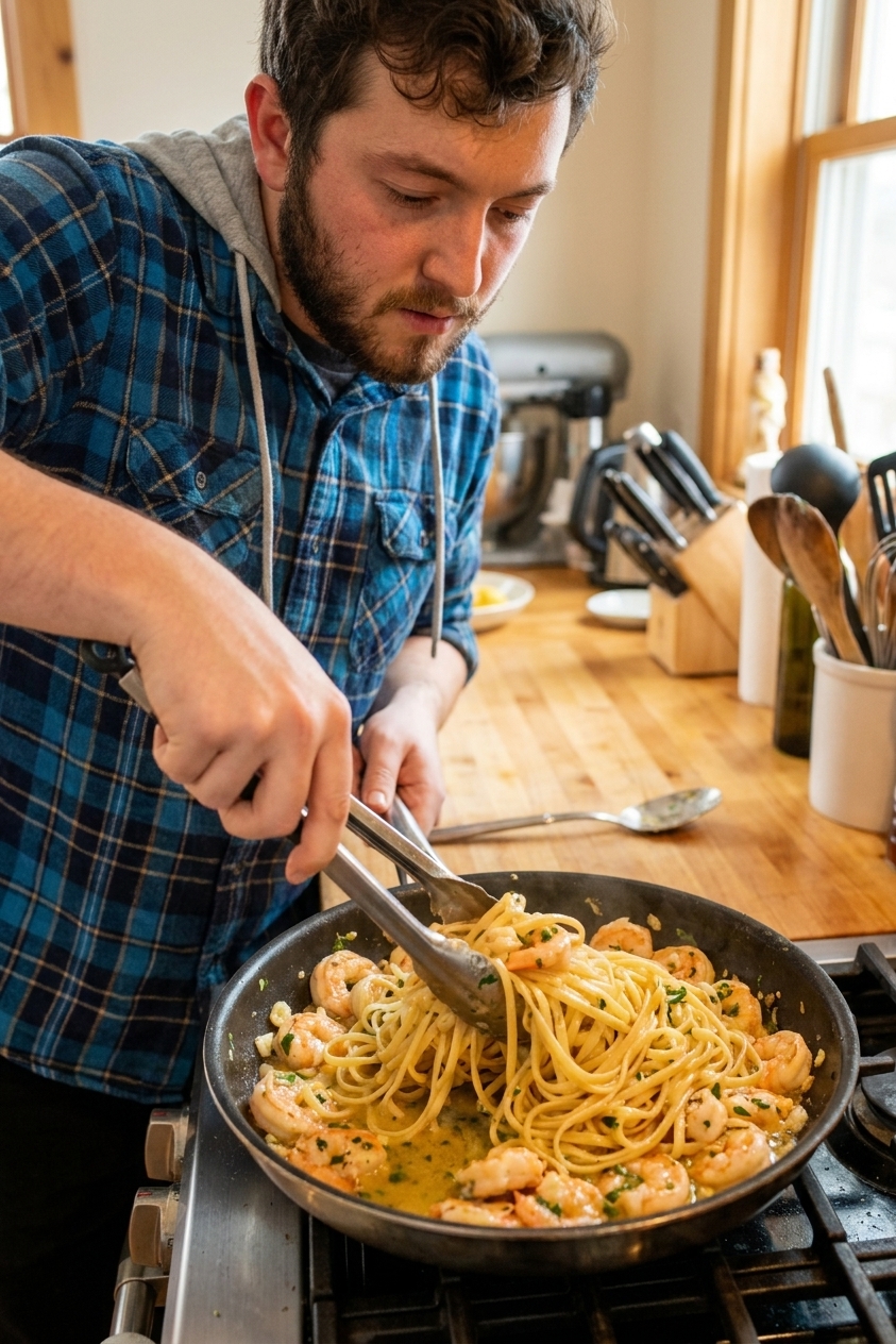 Shrimp scampi being tossed with linguine in a skillet with tongs, with glossy lemon-butter sauce