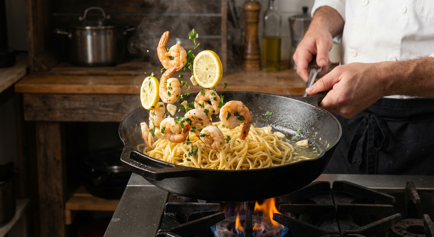 Shrimp scampi being tossed with pasta in a skillet with lemon and parsley