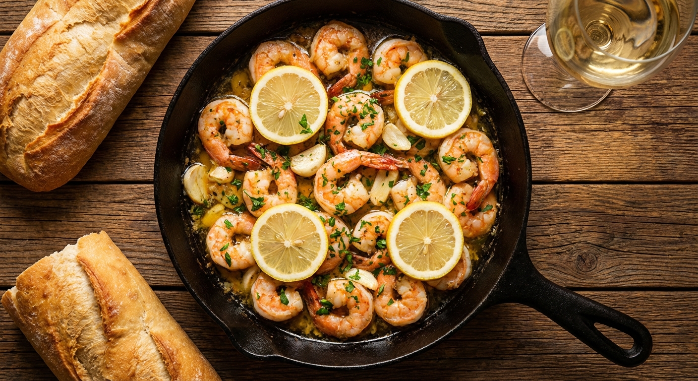 Shrimp scampi in a skillet with garlic, lemon slices, and parsley, photographed overhead with warm lighting, photorealistic food photography