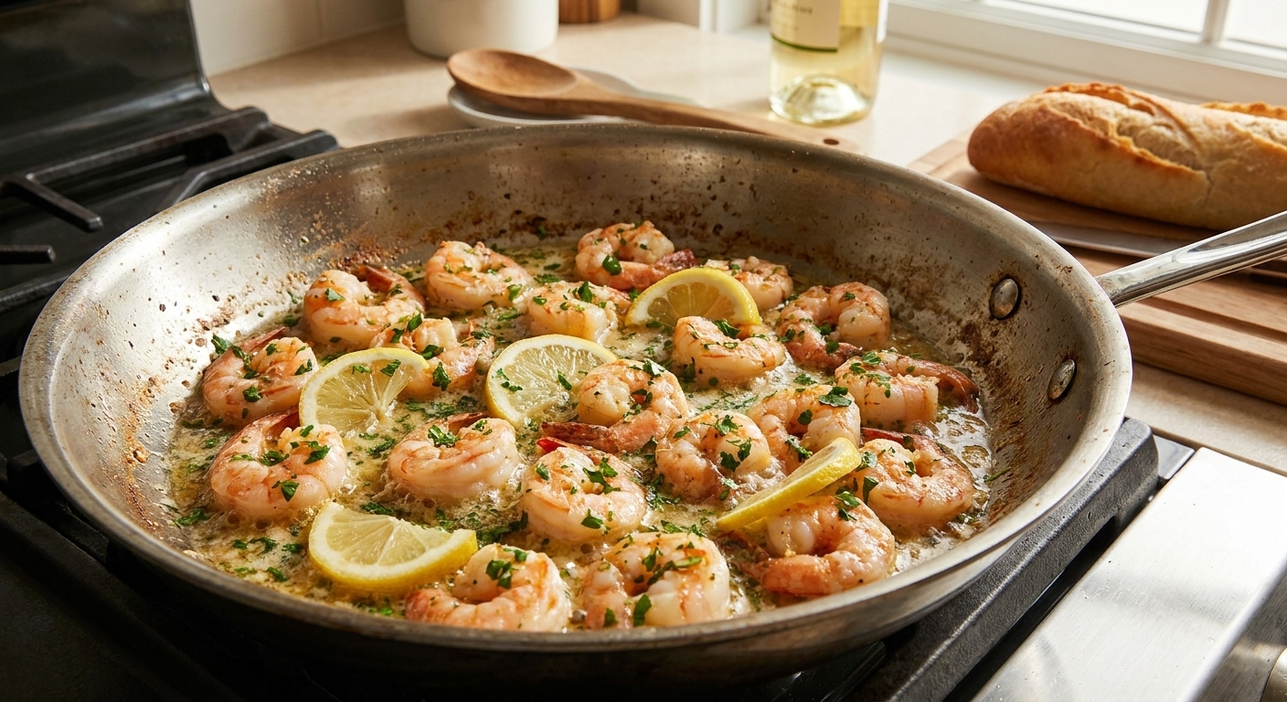 Shrimp scampi in a stainless steel skillet with garlic-butter sauce, lemon slices, and chopped parsley
