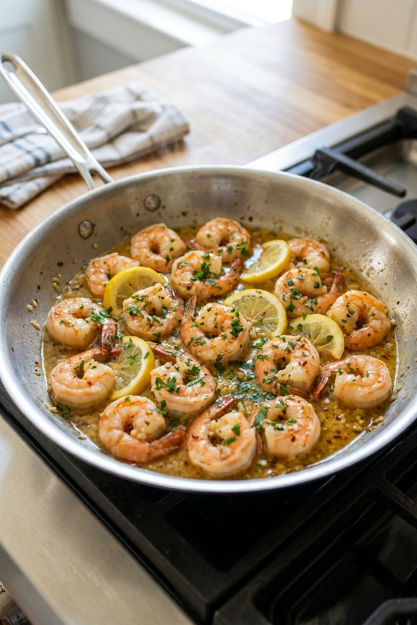 Shrimp scampi in a stainless-steel skillet with garlic-butter sauce, lemon slices, and chopped parsley