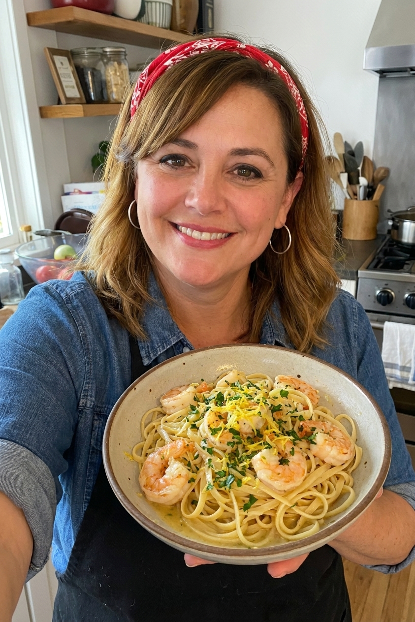 Shrimp scampi served over linguine in a shallow bowl with lemon zest and parsley