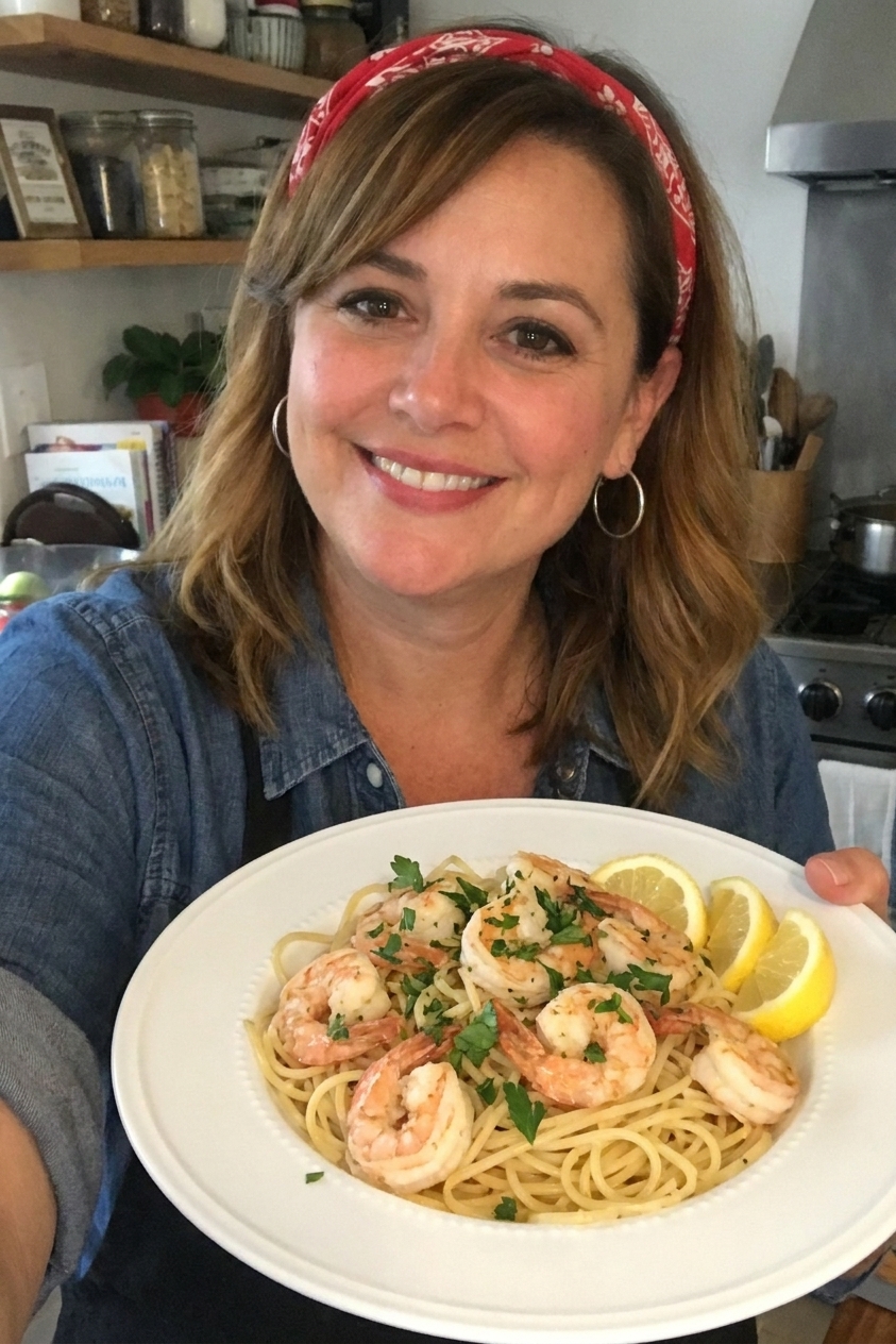 Shrimp scampi served over spaghetti on a white plate with lemon wedges and parsley