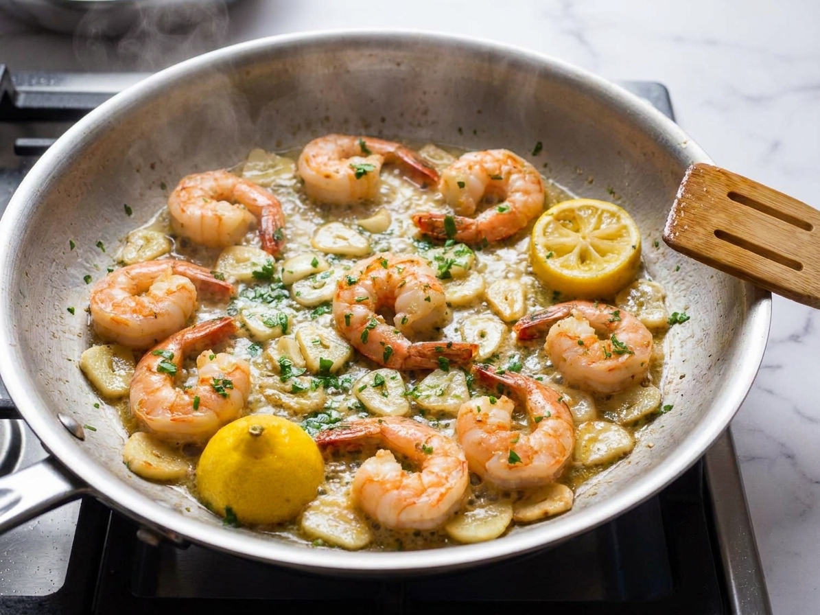 Shrimp scampi sizzling in a stainless steel skillet with visible garlic slices, parsley, and a glossy lemon butter sauce on a stovetop