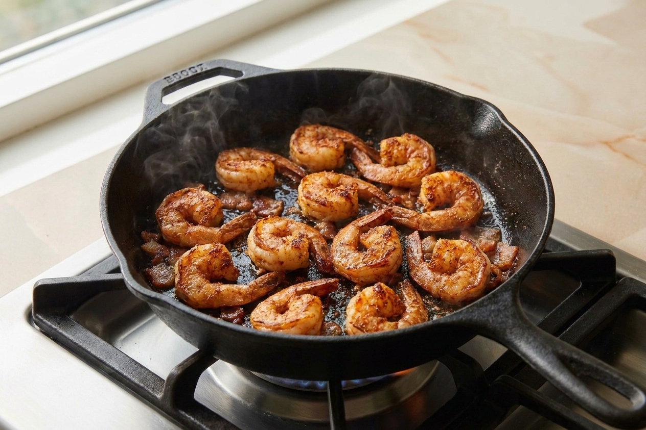 Shrimp searing in a hot cast iron skillet with browned edges forming, viewed from above on a stovetop