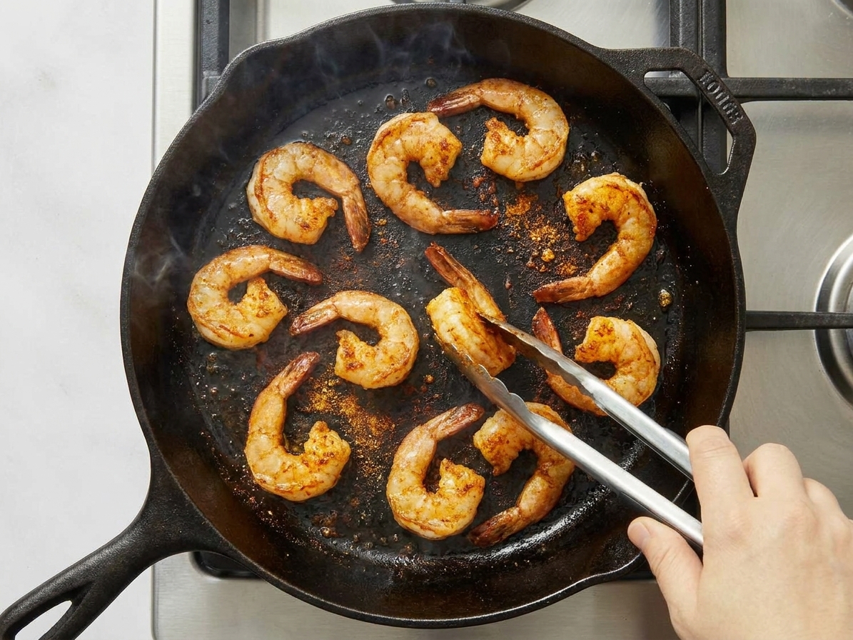 Shrimp searing in a hot cast iron skillet with visible toasted spices and light smoke rising