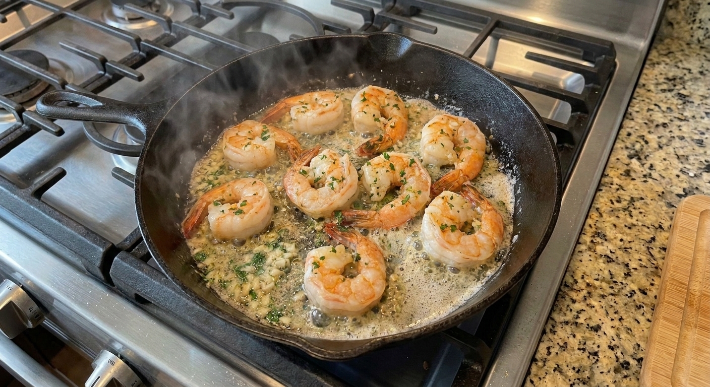 Shrimp searing in a hot skillet with bubbling butter, viewed from above on a stovetop