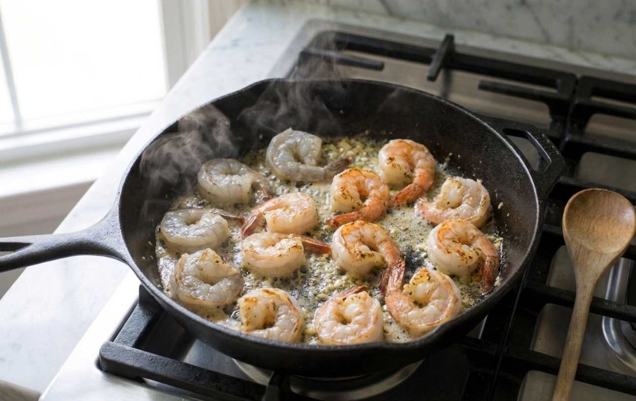 Shrimp searing in a hot skillet with butter, turning pink with lightly browned edges