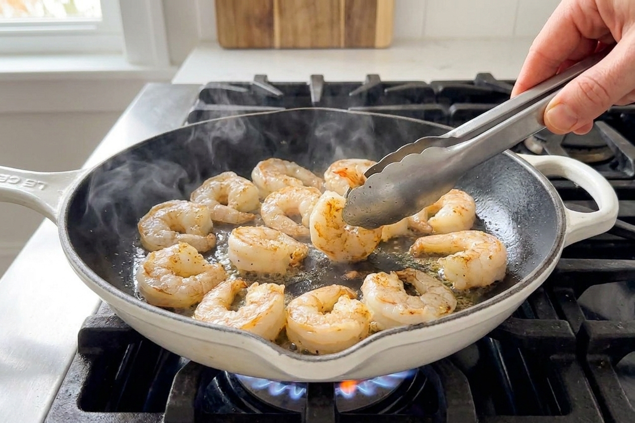 Shrimp searing in a hot skillet with lightly browned edges, photographed over a stovetop