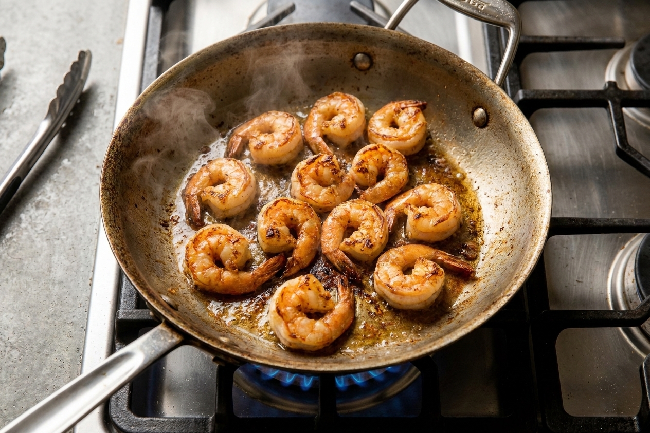 Shrimp searing in a hot skillet with lightly browned edges, photographed from overhead on a stovetop