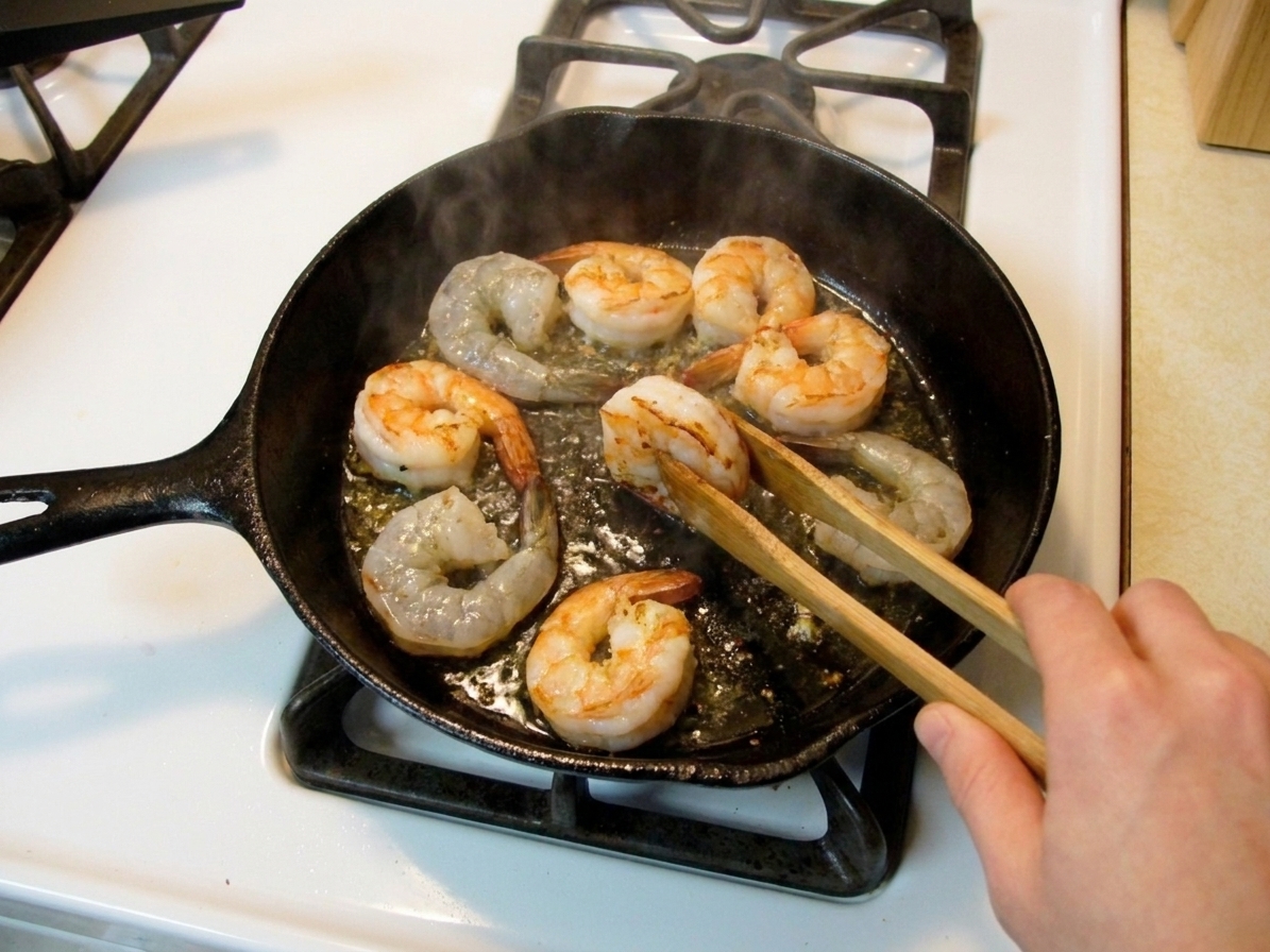 Shrimp searing in a hot skillet with olive oil, turning pink with lightly browned edges