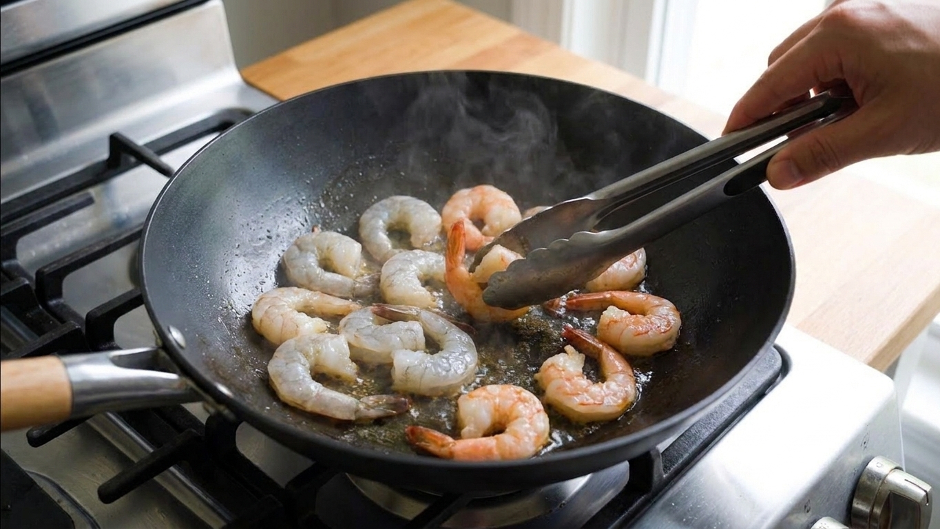 Shrimp searing in a hot wok with a light sheen of oil, mid-cook with edges turning pink
