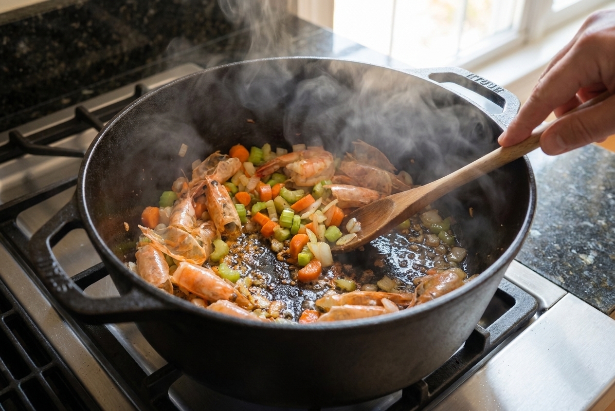 Shrimp shells and chopped vegetables sizzling in a heavy pot on a stovetop with steam rising