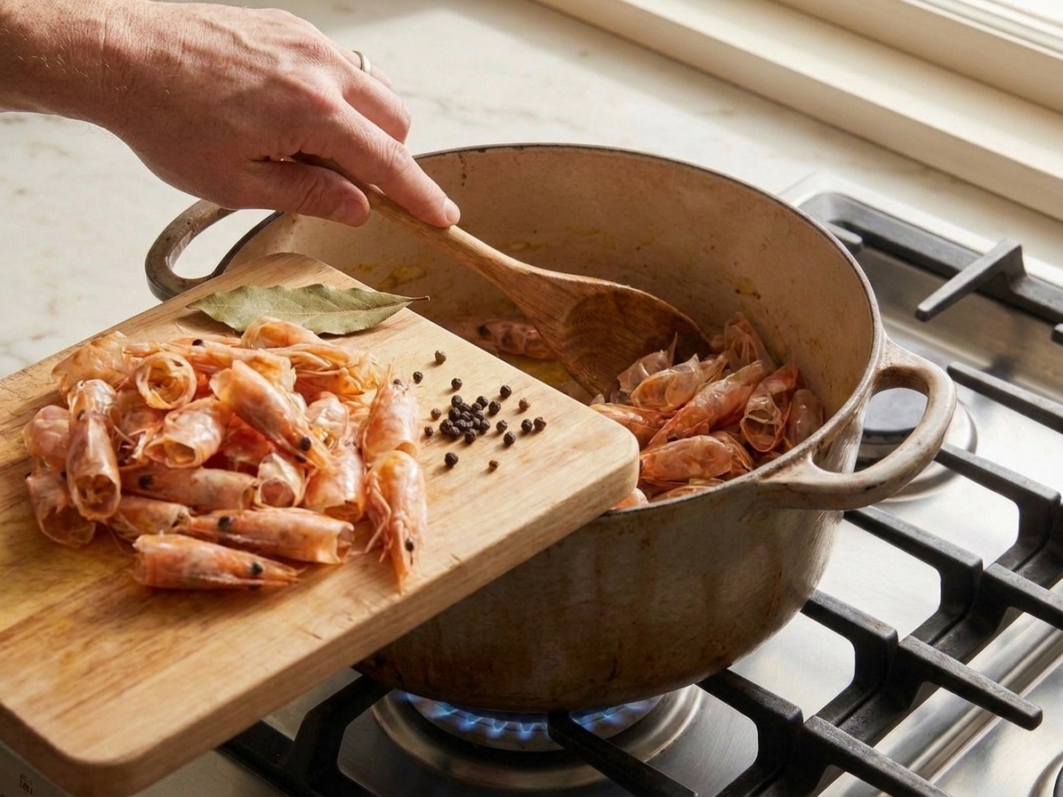 Shrimp shells ready to be simmered for a quick shellfish stock on a home kitchen counter