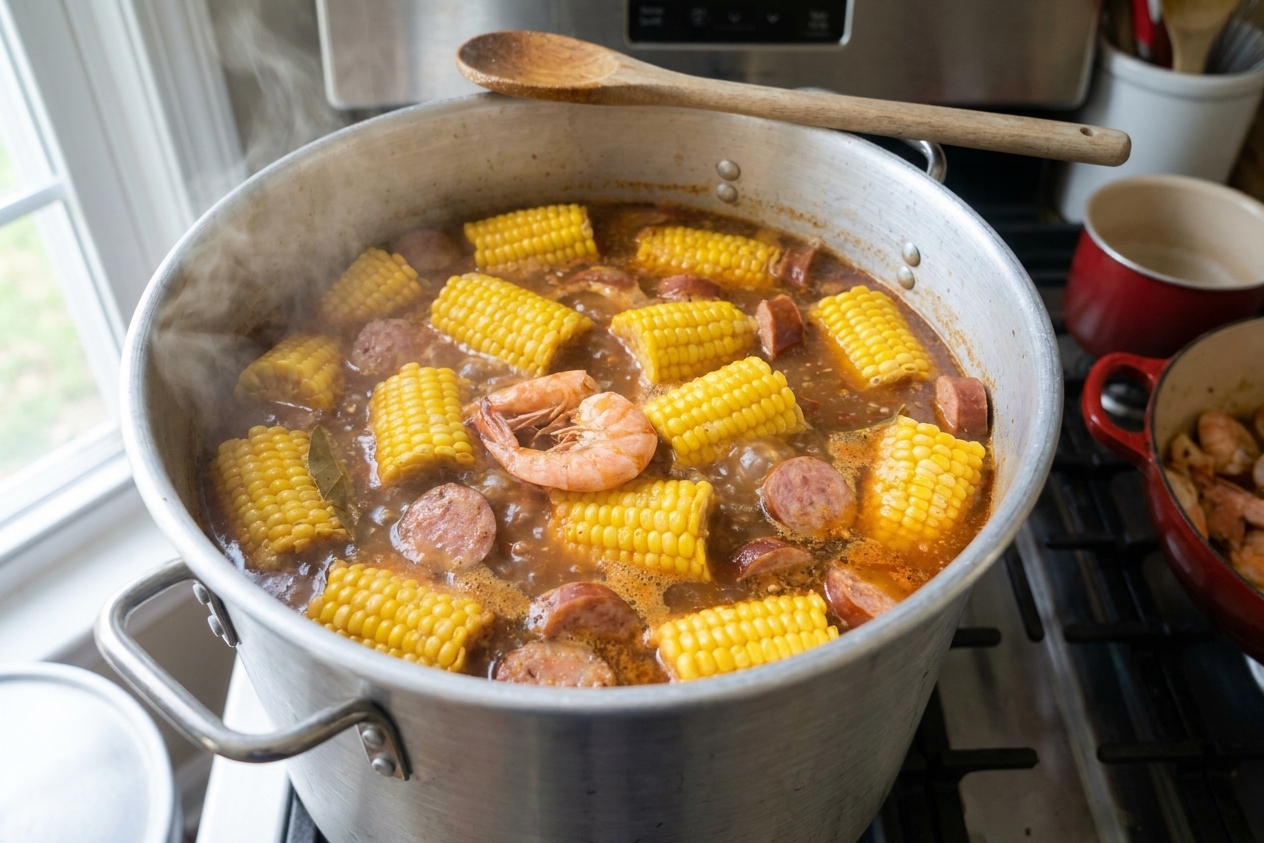 Shrimp simmering in a steaming stockpot with corn and sausage