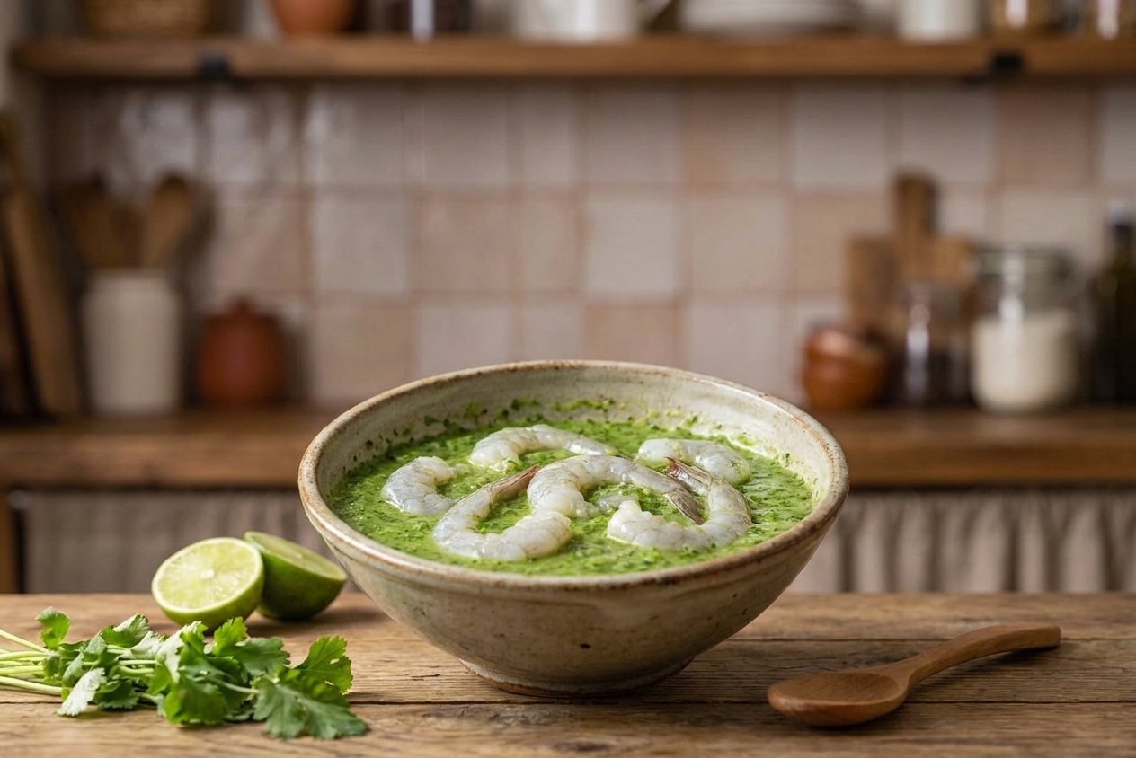 Shrimp sitting in a bowl of green lime and cilantro sauce, beginning to turn opaque as it cures