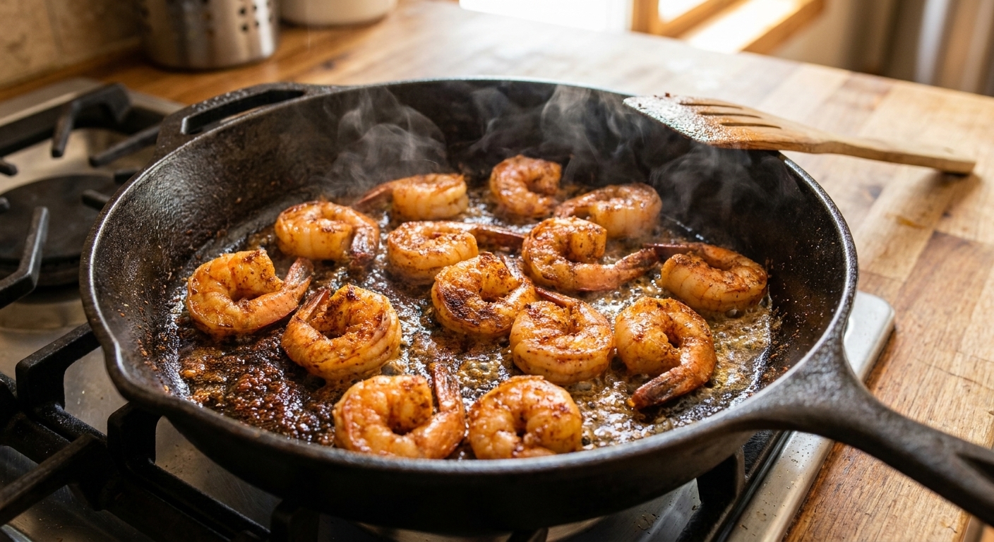 Shrimp sizzling in a cast iron skillet with Cajun spices and butter, captured mid-sear with light steam rising
