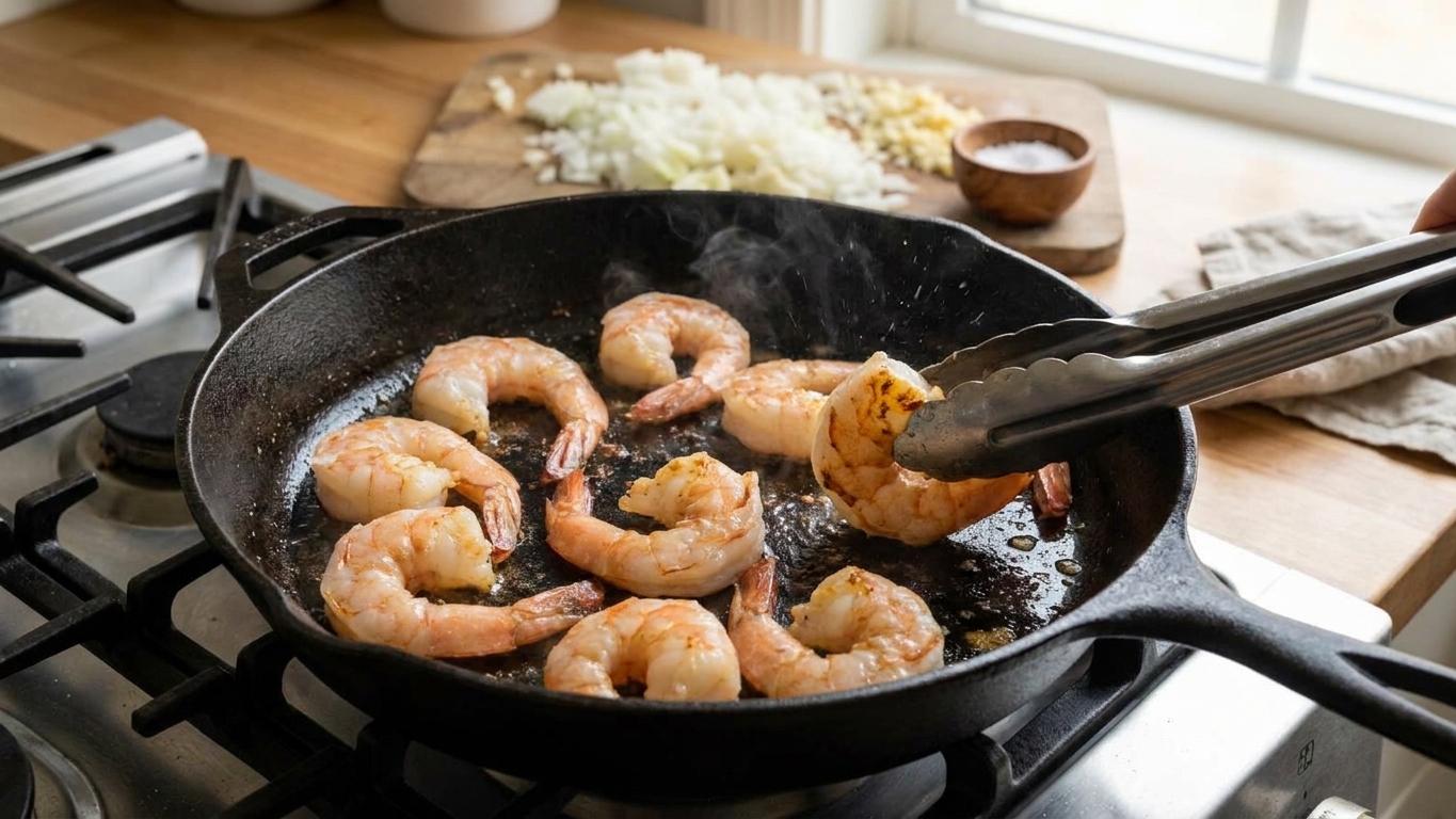Shrimp sizzling in a hot skillet with browned edges forming, a pair of tongs turning one shrimp