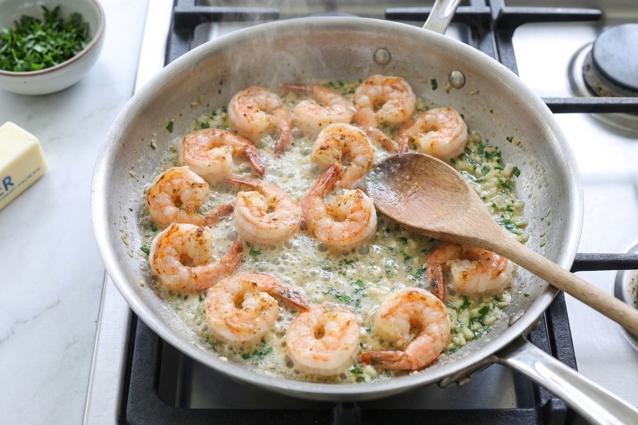 Shrimp sizzling in a hot skillet with melted butter and minced garlic, edges turning pink and lightly browned