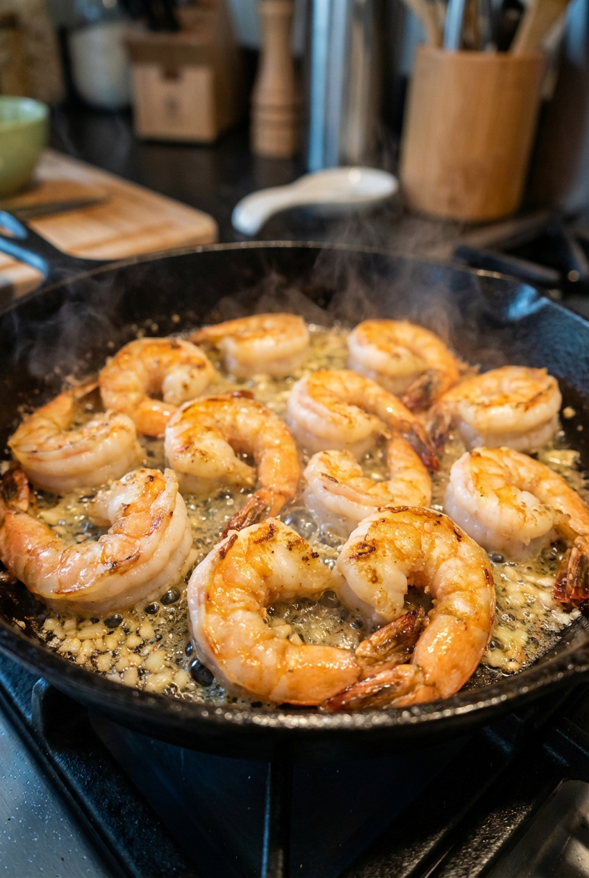 Shrimp sizzling in a skillet with garlic and butter, lightly browned at the edges
