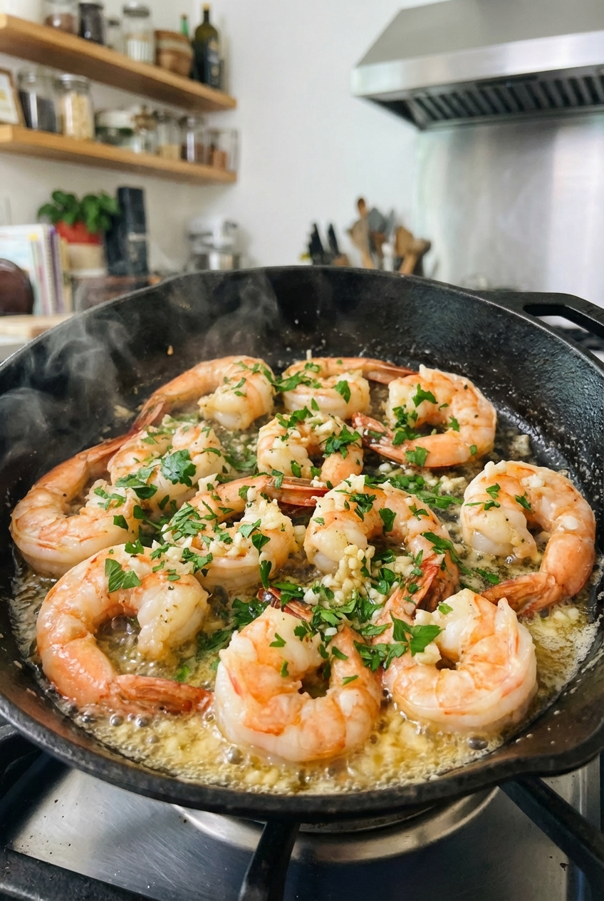 Shrimp sizzling in a skillet with garlic butter sauce and parsley