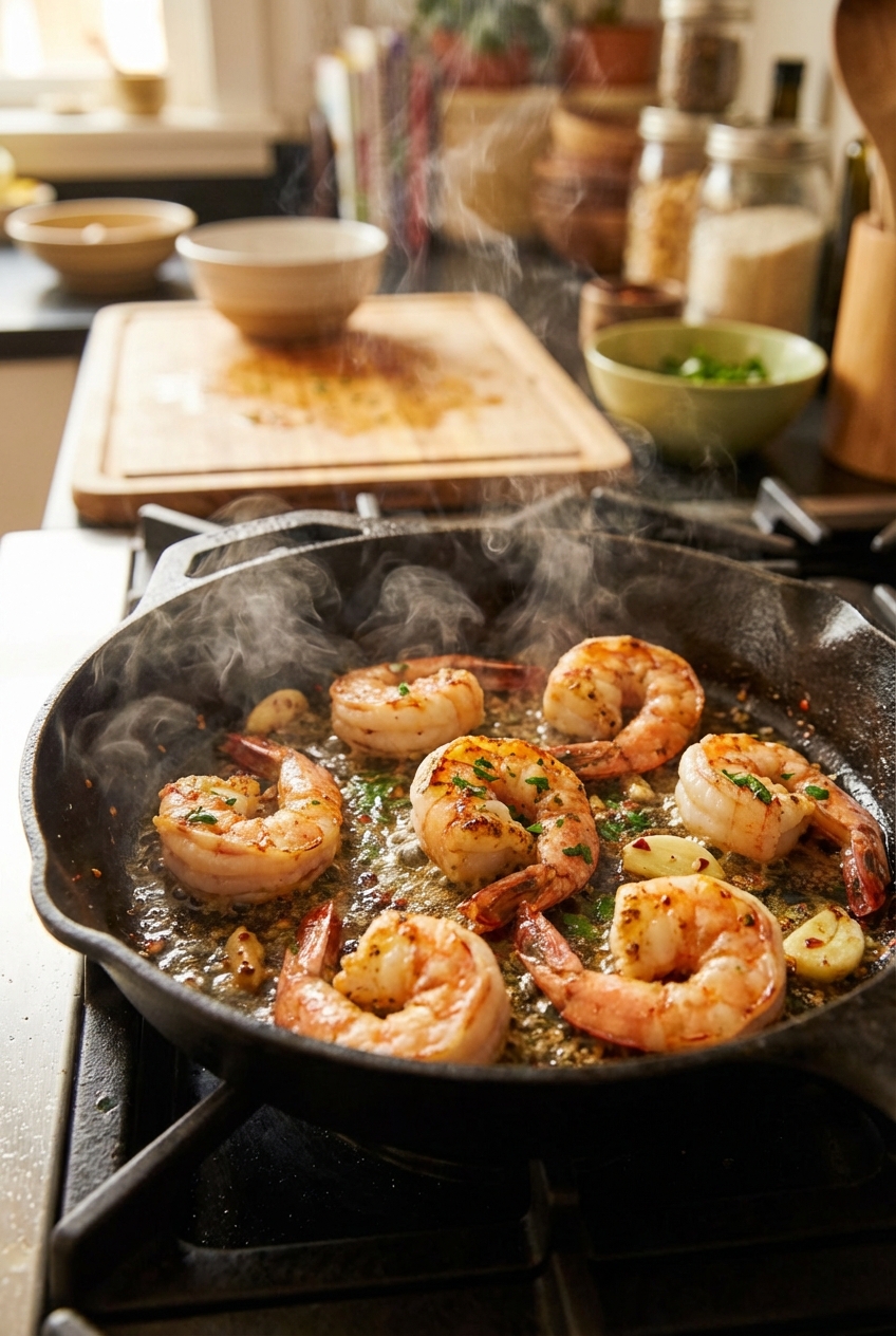 Shrimp sizzling in a skillet with golden edges