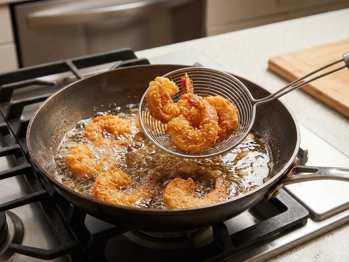 Shrimp sizzling in hot oil in a deep skillet on a home stove, with a spider strainer lifting a few golden pieces